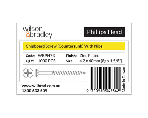 Phillips Head- Chipboard Screw Countersunk with Nibs 4.2 x 40mm (8g x 1 5/8"). Sold per 1000/pack