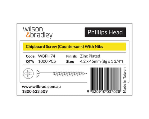 Phillips Head - Chipboard Screw Countersunk with nibs 4.2 x 45mm (8g x 1 3/4"). Sold per 1000/pack