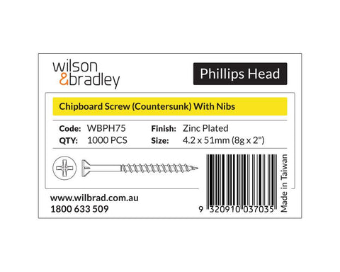 Phillips Head - Chipboard Screw Countersunk with nibs 4.2 x 51mm (8g x 2"). Sold per 1000/pack