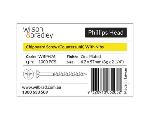 Phillips Head - Chipboard Screw Countersunk with nibs 4.2 x 57mm (8g x 2 1/4"). Sold per 1000/pack
