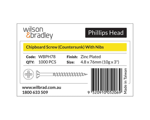 Phillips Head - Chipboard Screw Countersunk with nibs 4.8 x 76mm (10g x 3"). Sold per 1000/pack