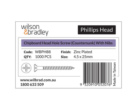 Phillips Head - Chipboard Head Hole Screw Countersunk with nibs 4.5 - Sold per