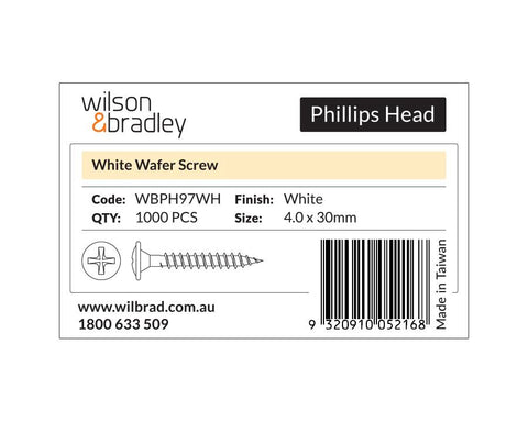 Phillips Head - White Wafer Screw 4.0 x 30mm. Sold per 1000/pack. Sold per 1000/pack