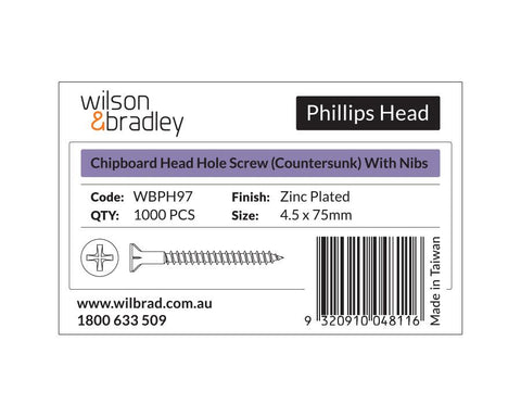 Phillips Head- Chipboard Head Hole Screw Countersunk with Nibs 4.5 x 75mm. Sold per 1000/pack