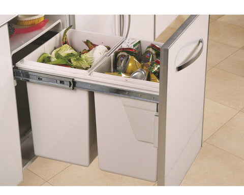 Soft Close Door Pull Waste Bin in White Plastic. Size: 40L (2x20L). Width: 340mm. Height: 430mm. Depth: 490mm