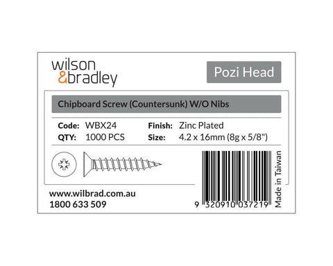 Pozi Head - Chipboard Screw Countersunk 4.2 x 16mm (8g x 5/8"). Sold per 1000/pack