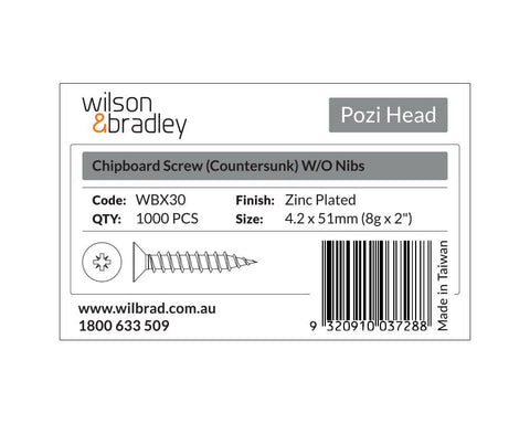 Pozi Head - Chipboard Screw Countersunk 4.2 x 51mm (8g x 2"). Sold per 1000/pack