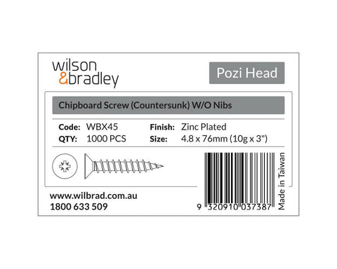 Pozi Head - Chipboard Screw Countersunk 4.8 x 76mm (10g x 3"). Sold per 1000/pack