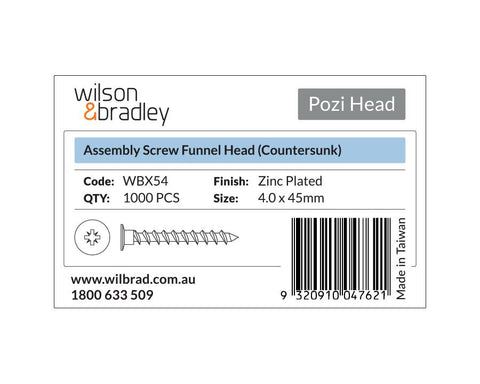 Pozi Head- Assembly Screw Funnel Head Countersunk. Sold per 1000/