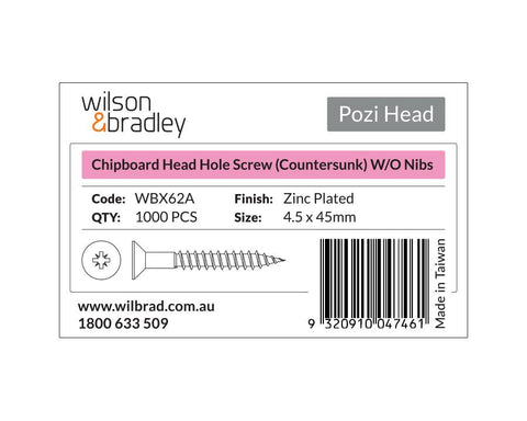 Pozi Head- Chipboard Head Hole Screw Countersunk 4.5 x 45mm. Sold per 1000/pack