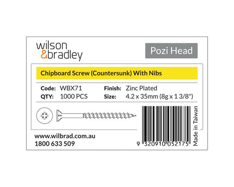 Pozi Head - Chipboard Screw Countersunk with nibs 4.2 x 35mm (8g x 1 3/8"). Sold per 1000/pack
