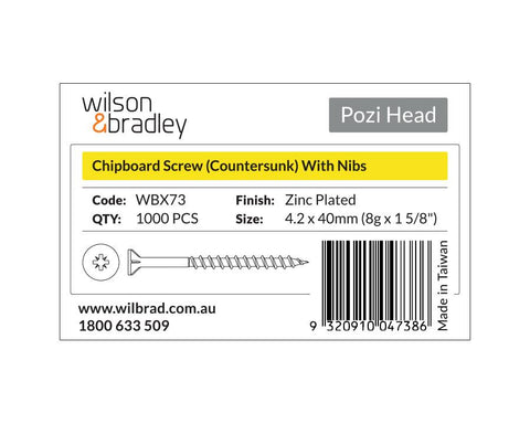 Pozi Head- Chipboard Screw Countersunk with Nibs 4.2 x 40mm (8g x 1 5/8"). Sold per 1000/pack