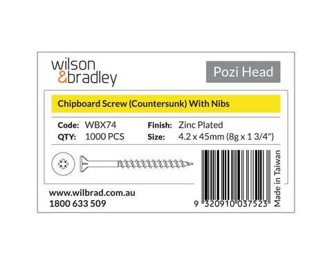 Pozi Head - Chipboard Screw Countersunk with nibs 4.2 x 45mm (8g x 1 3/4"). Sold per 1000/pack