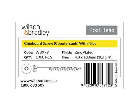 Pozi Head- Chipboard Screw Countersunk with Nibs 4.8 x 100mm (10g x 4"). Sold per 1000/pack