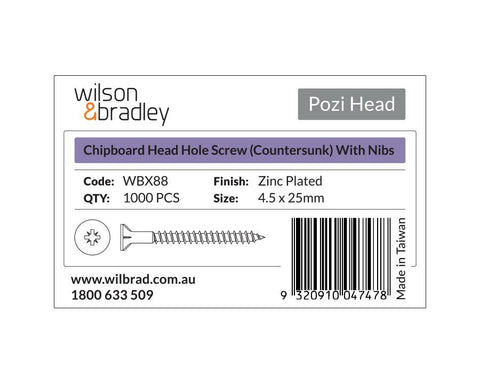 Pozi Head- Chipboard Head Hole Screw Countersunk with Nibs. Sold per