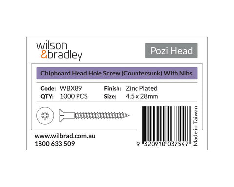 Pozi Head - Chipboard Head Hole Screw Countersunk with nibs, 4