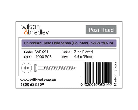 Pozi Head - Chipboard Head Hole Screw Countersunk with nibs, 4