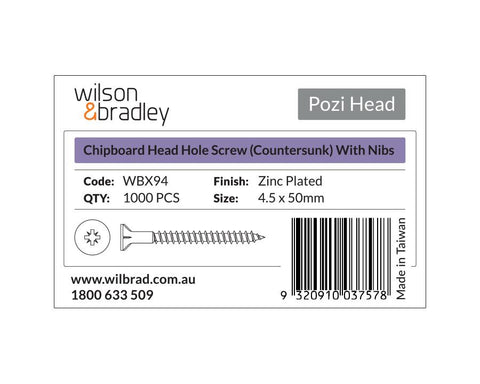 Pozi Head - Chipboard Head Hole Screw Countersunk with nibs, 4