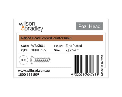 Pozi Head- Raised Head Screw Countersunk (7g x 5/8"). Sold per 1000/pack