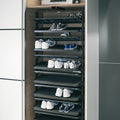 Pull out Shoe Rack Version Pull out show rack rotates through 180° Material Hanging frame: Steel, Shelves: Plastic Finish: BlackWhite Installation: Screw fixing to base panel and shelf For internal cabinet height (mm): 1,680/1000 Load bearing capacity (kg
