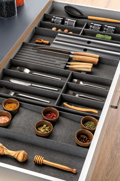 The Häfele FineLine OrganiQ multifunctional insert, 900–1250mm shown fitted in a drawer (1 of 2)