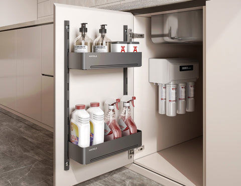 The Häfele Utensio Plus H2 door rack shown fitted in a drawer
