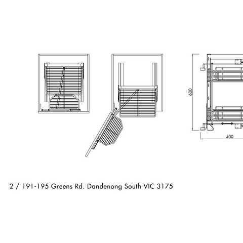 Dimensions drawing 1 — Base Tandem Pull-Out — 600mm Cabinet