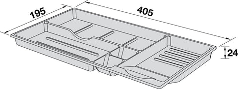 Dimensioned drawing of the Häfele sliding pencil tray Deluxe, showing overall sizes in millimetres