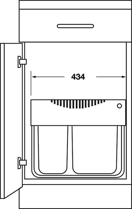 Diagram of Hailo Tandem-S pull-out waste bin system 28L for kitchen cabinets with dimensions.