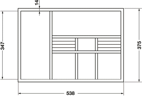 Dimensioned drawing of the Häfele drawer insert with ring holder, showing overall sizes in millimetres