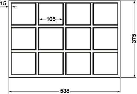 Dimensioned drawing of the Häfele 12-compartment felt-lined drawer insert, showing overall sizes in millimetres