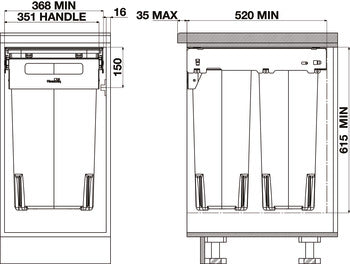 Hideaway Compact Soft-Close Waste Bin dimensions