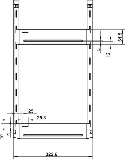 Dimensioned drawing of the Häfele Utensio Plus H2 door rack, showing overall sizes in millimetres (2 of 3)
