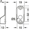 Durable nickel-plated zinc alloy rail end support for oval 30 x 15 mm wardrobe rails, designed for secure side panel screw fixing and integrated Loox lighting cable outlet; compact and modern design fits standard 32 mm series drilled holes.