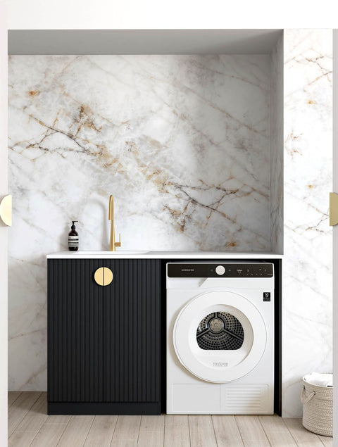 Marlo Black Base laundry Cabinet With Stone top and Sink 1300x600x900mm