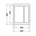 Dimensioned drawing — Häfele Excel utensil tray, 390 x 485mm as supplied, dashed line marks the 358 x 444mm trim minimum (556.65.348 / 556.65.748)
