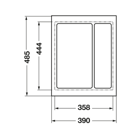 Dimensioned drawing — Häfele Excel utensil tray, 390 x 485mm as supplied, dashed line marks the 358 x 444mm trim minimum (556.65.348 / 556.65.748)