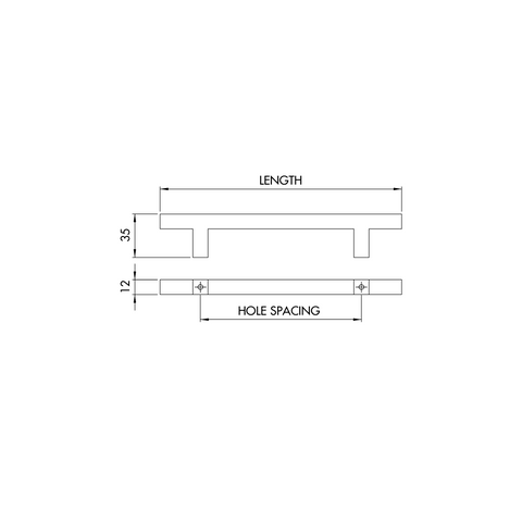 Dimensions drawing 1 — Square T-Bar Cabinet Handle | 96–480mm