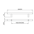 Dimensions drawing 1 — T-Bar Cabinet Handle Ø12mm — Brushed Stainless | 96–832mm