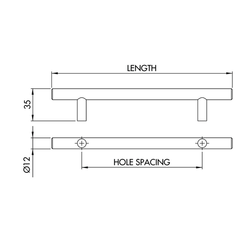 Dimensions drawing 2 — T-Bar Cabinet Handle Ø12mm — Brushed Stainless | 96–832mm