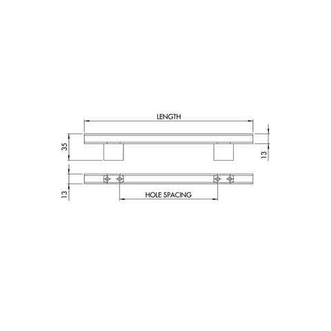 Dimensions drawing 1 — Square T-Bar Handle — Brushed Stainless