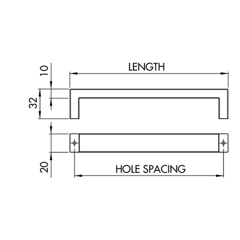 Dimensions drawing 1 — Square D Pull Cabinet Handle | 96–544mm