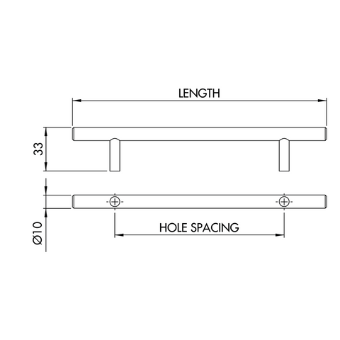 Dimensions drawing 1 — T-Bar Handle Ø12mm Hollow | Brushed Stainless