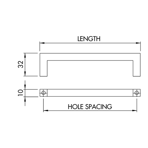 Dimensions drawing 1 — Square Cabinet Handle | 96–480mm
