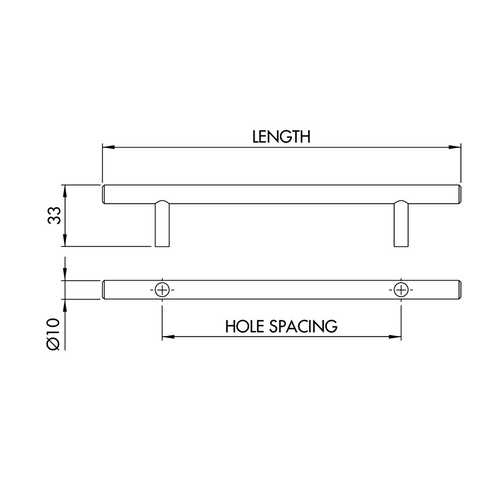 Dimensions drawing 1 — Handle Style 321 T-Bar Ø12mm — Satin Chrome