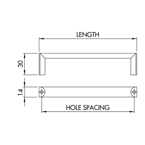 Dimensions drawing 1 — Handle Style 343 | 12mm Wide Flat D