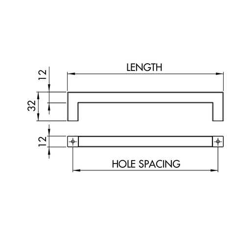 Dimensions drawing 1 — Cabinet Handle — 8mm Square | Brushed Nickel