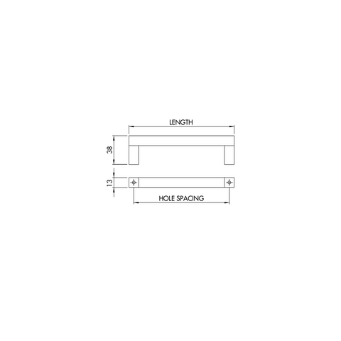 Dimensions drawing 1 — Solid Aluminium Cabinet Handle — Satin Aluminium