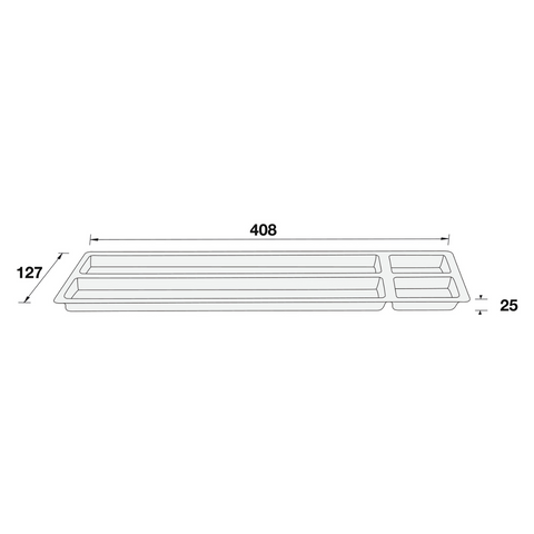 Dimensioned drawing — Häfele sliding pencil tray Standard for Supraplex drawers, 426mm opening, sizes in millimetres