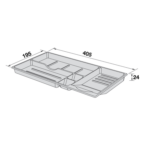 Dimensioned drawing — Häfele sliding pencil tray Deluxe for Supraplex drawers, 426mm opening, sizes in millimetres
